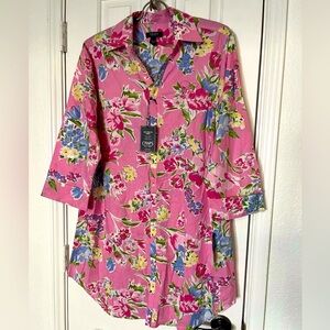 🌼 NWT Chaps Women M Pink Floral Boyfriend Tunic Shirtdress 3/4 Cuffed Sleeve Top